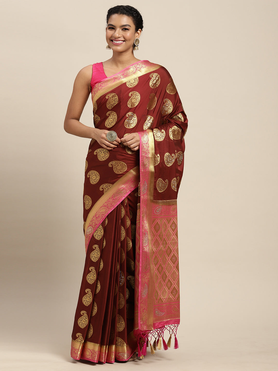 Mimosa Womens Crepe Saree Mysore Silk Maroon Color