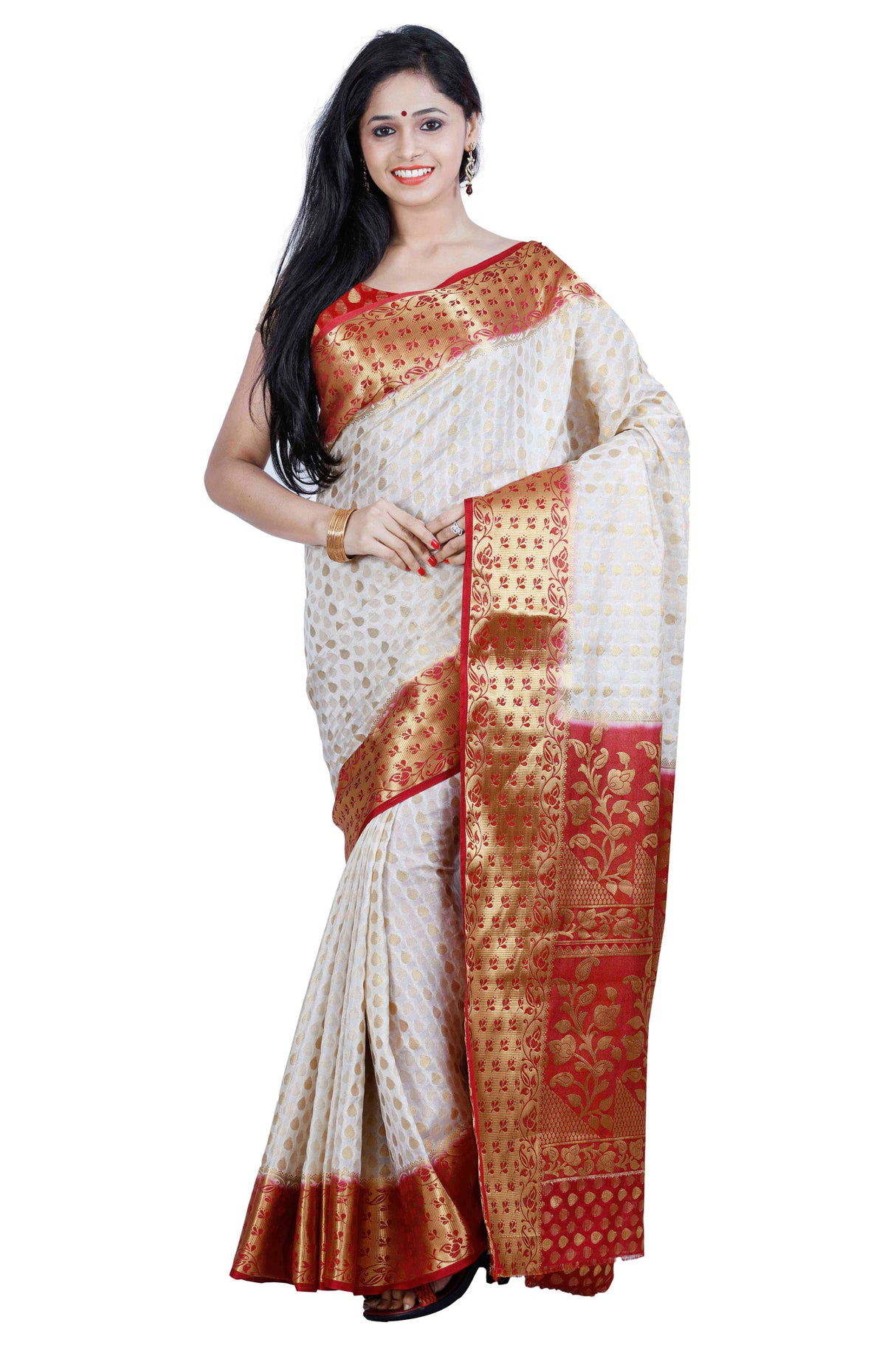 Mimosa Womens Tussar Silk Saree Kanjivaram style Halfwhite Color