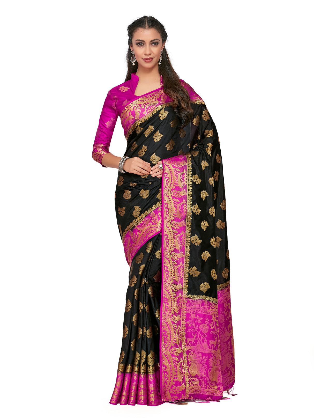 Mimosa Womens Art Silk Saree Kanjivaram Black Color