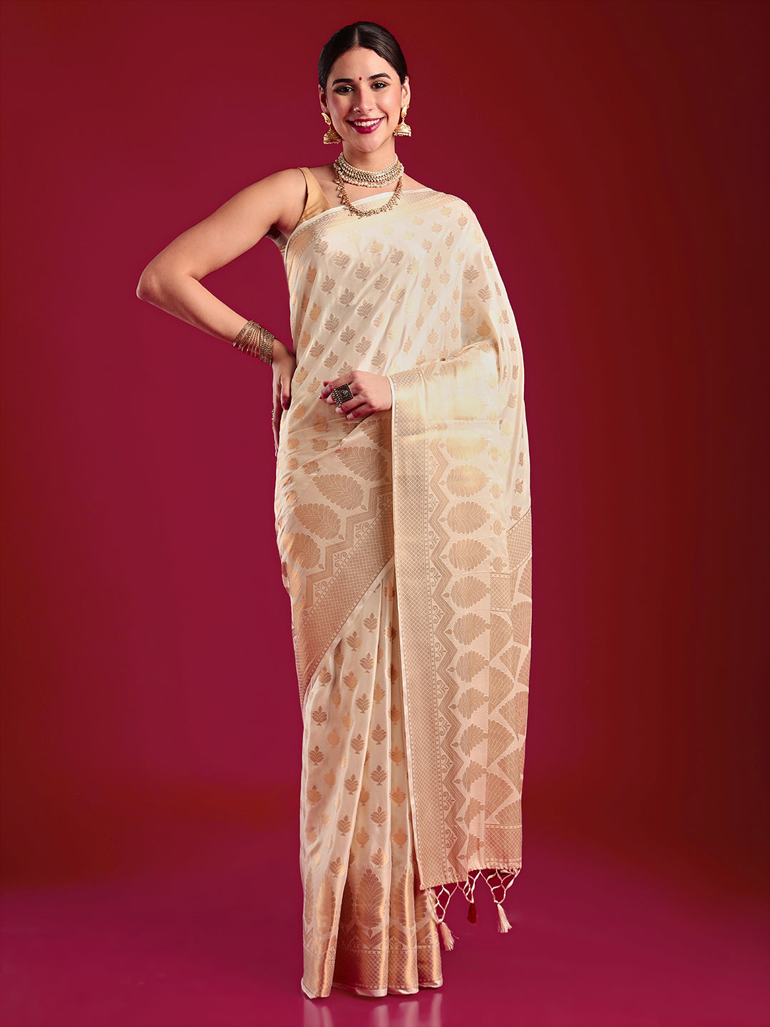 Mimosa Women's Woven Design Kasavu Crepe Saree With Blouse Piece : SA00001179CRFREE