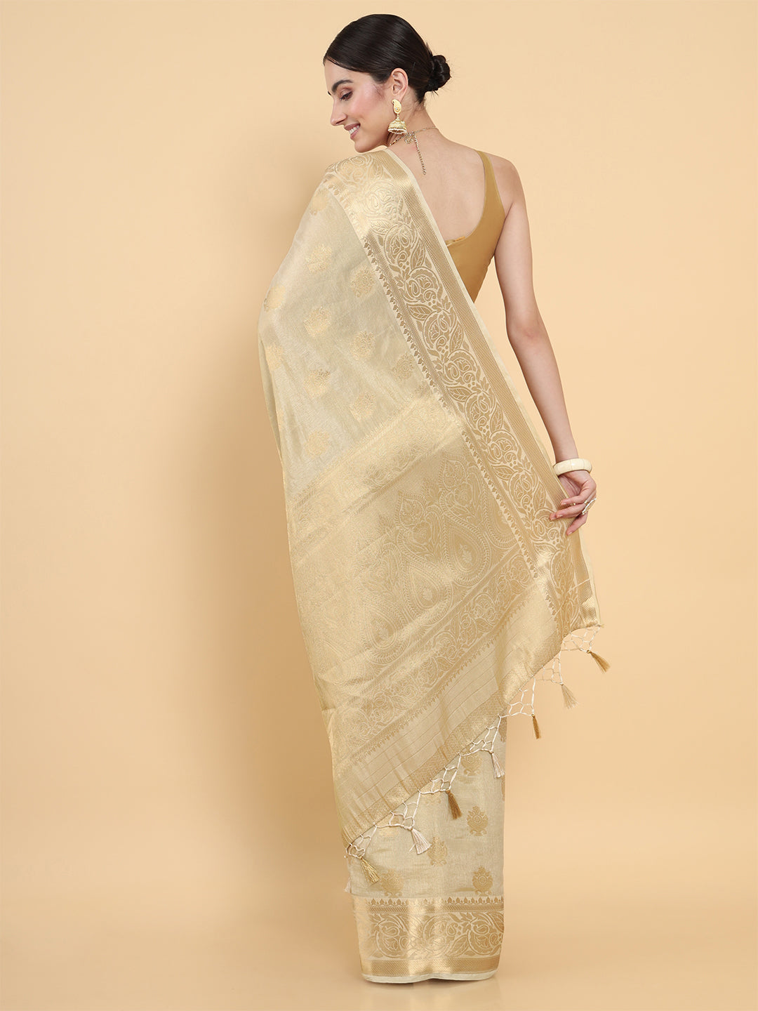 Mimosa Womens Art Silk Saree Kasavu Cream Color