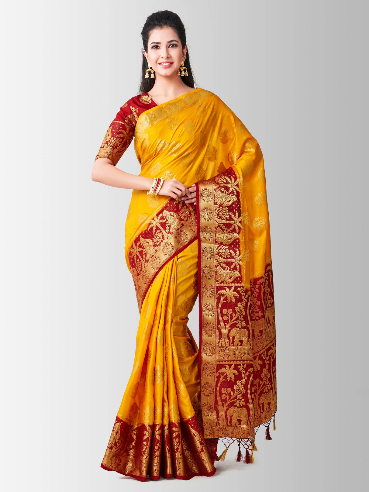 Mimosa Womens Art Silk Saree Kanjivaram Gold Color