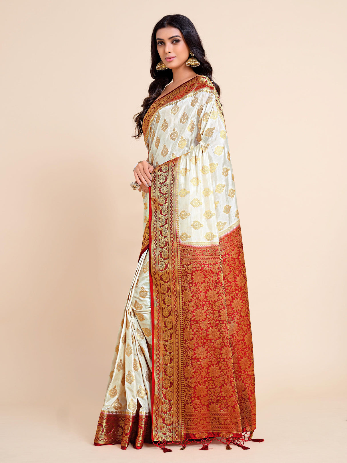 Mimosa Womens Art Silk Saree Kanjivaram Halfwhite Color