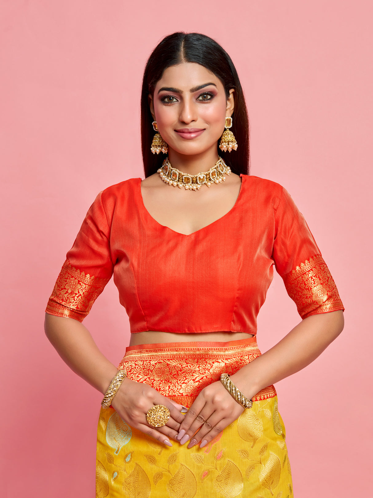 Mimosa Women's Woven Design Kanjivaram Linen Saree With Blouse Piece : SA00001236GDFREE