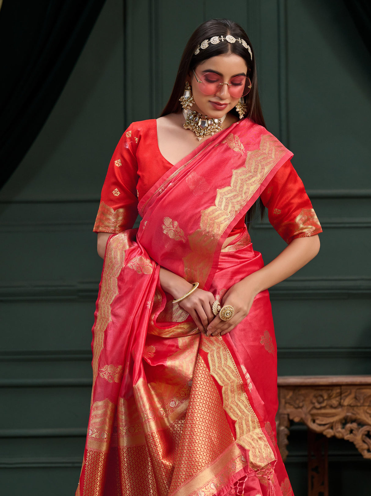 Mimosa Women's Woven Design Banarasi Orgenza Saree With Blouse Piece : SA0000864ST