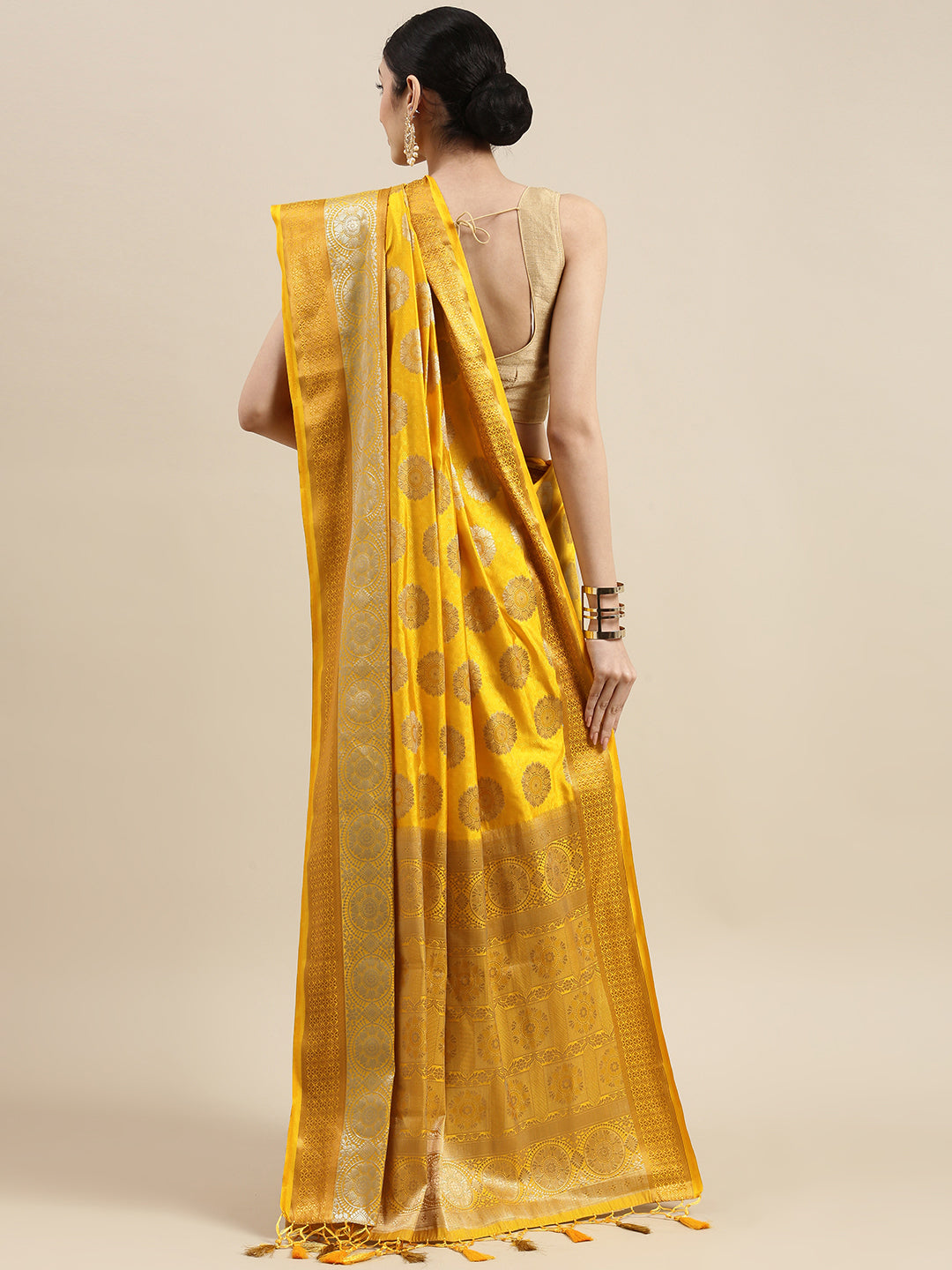 Mimosa Womens Art Silk Saree Kanjivaram Gold Color