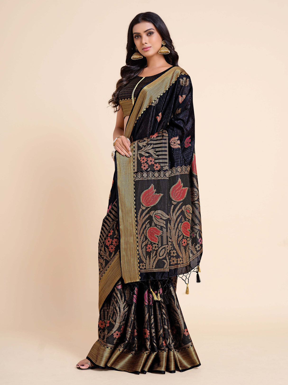 Mimosa Womens Art Silk Saree Kanjivaram style Black Color