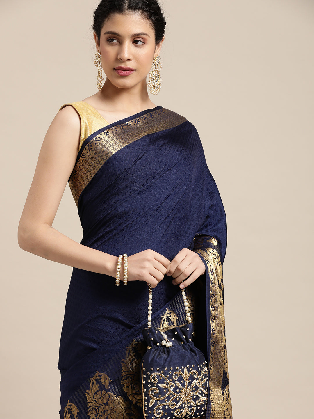 Mimosa Womens Art Silk Saree Kanjivaram style Navy Blue Color