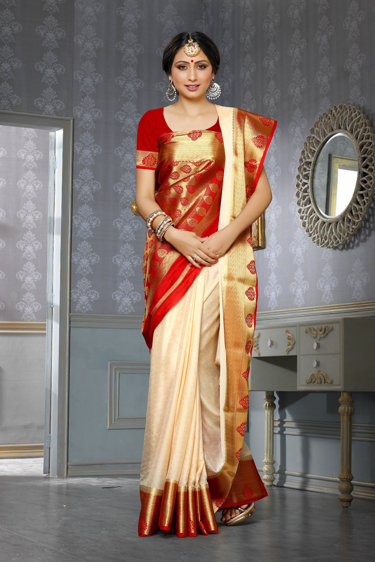 Mimosa Womens Crepe Saree Mysore Silk Halfwhite Color