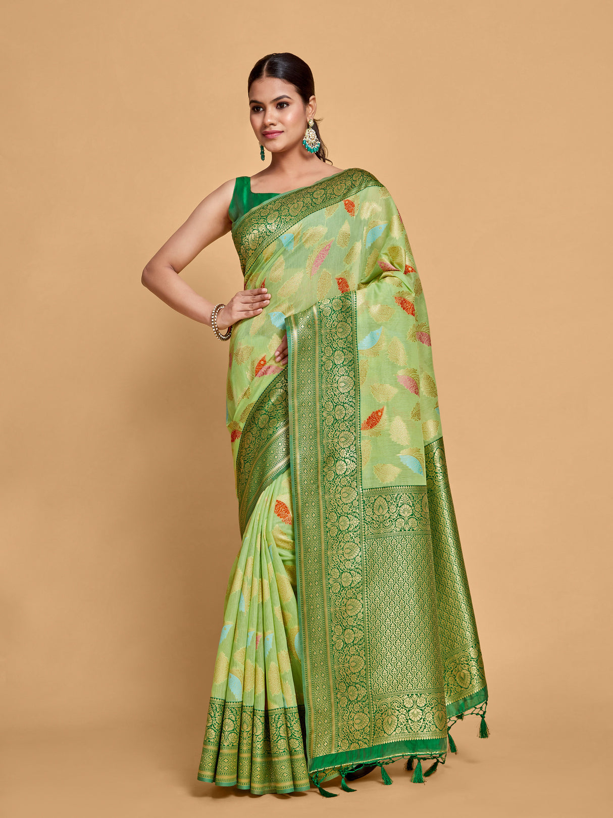 Mimosa Women's Woven Design Kanjivaram Linen Saree With Blouse Piece : SA00001245PSFREE