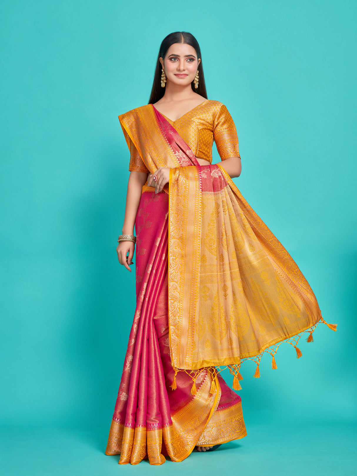 Mimosa Women's Woven Design Kanjivaram Style Art Silk Saree With Blouse Piece : SA0000394RNFREE