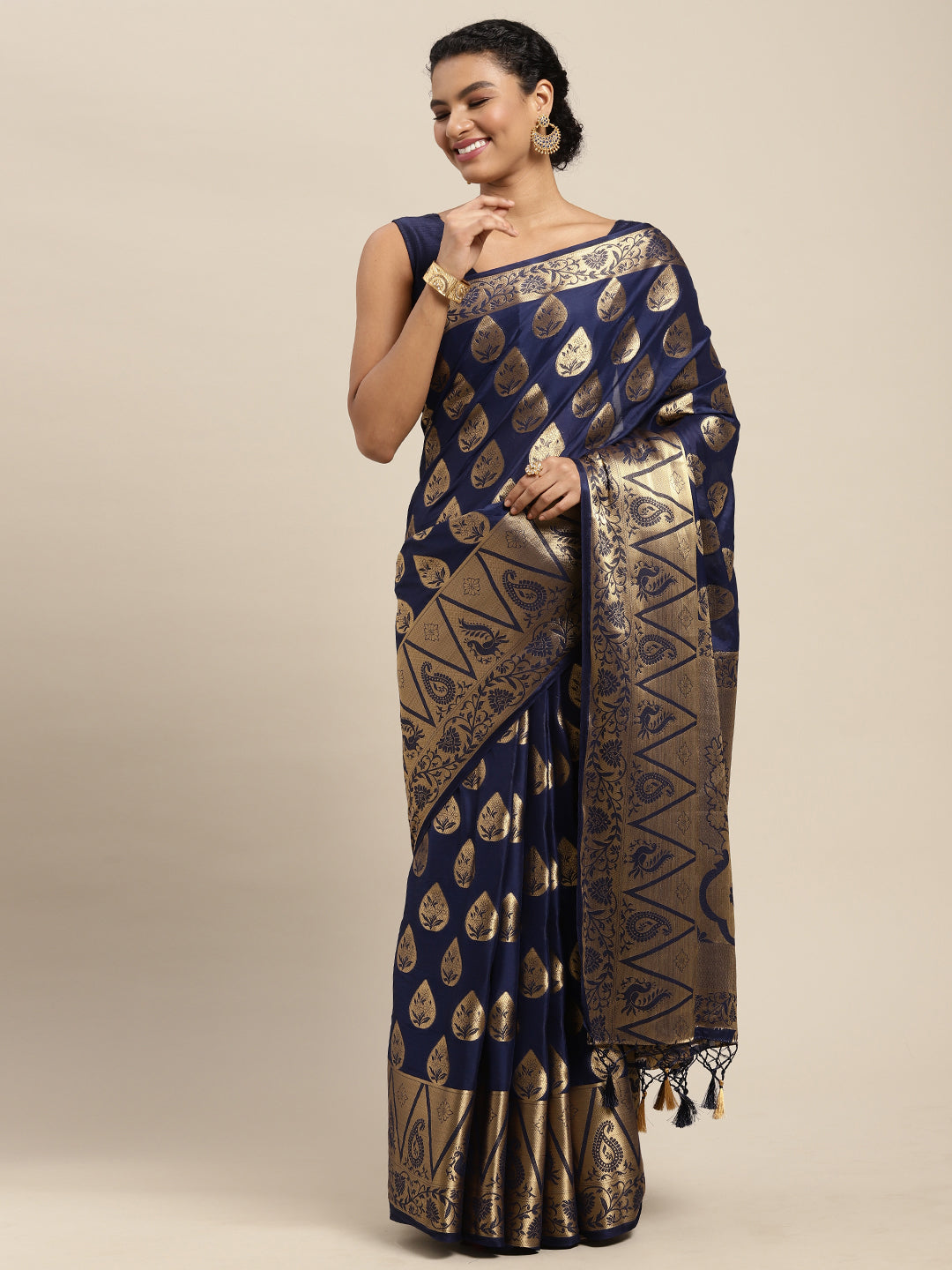 Mimosa Womens Crepe Saree Mysore Silk Navy Blue Color