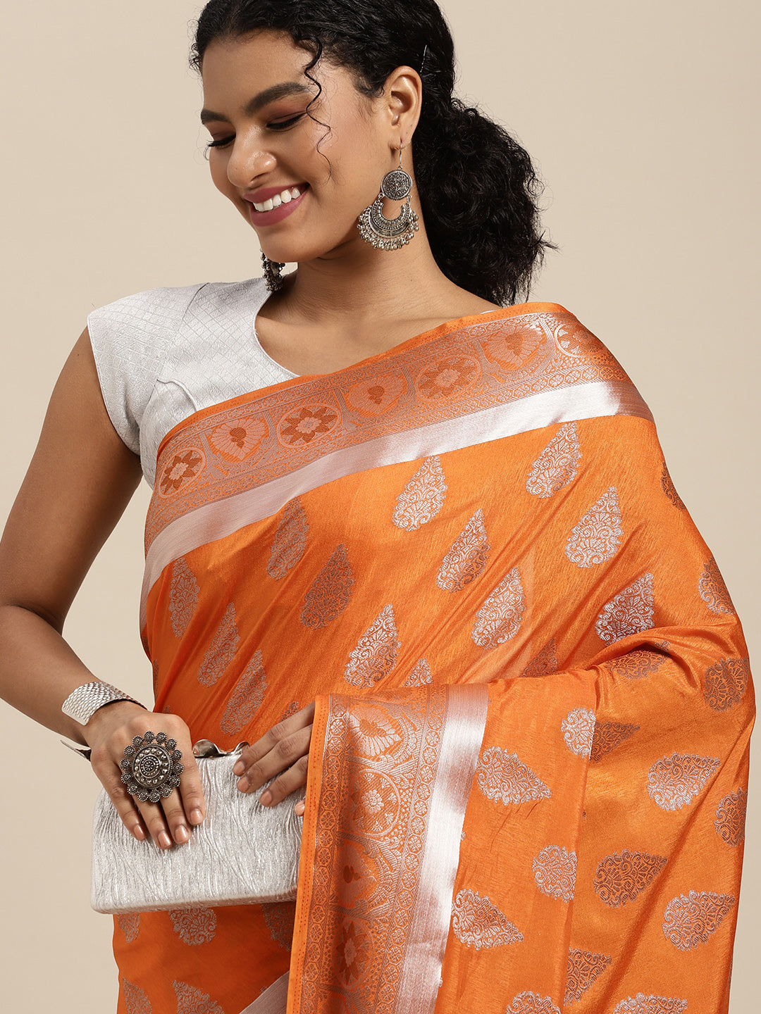 Mimosa Womens Art Silk Saree Kanjivaram Orange Color