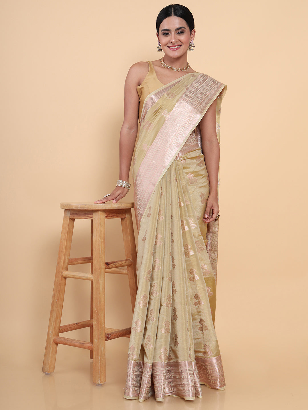 Mimosa Womens Art Silk Saree Kasavu Cream Color
