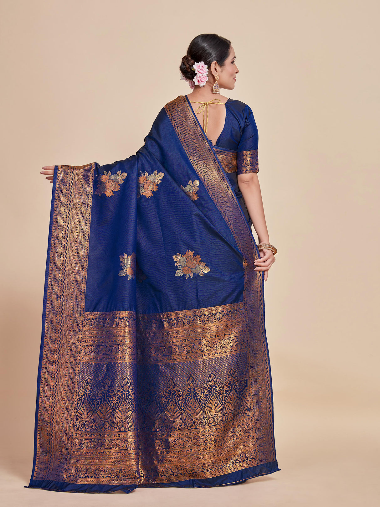 Mimosa Women's Woven Design Kanjivaram Style Art Silk Saree With Blouse Piece : SA00001384NVFREE