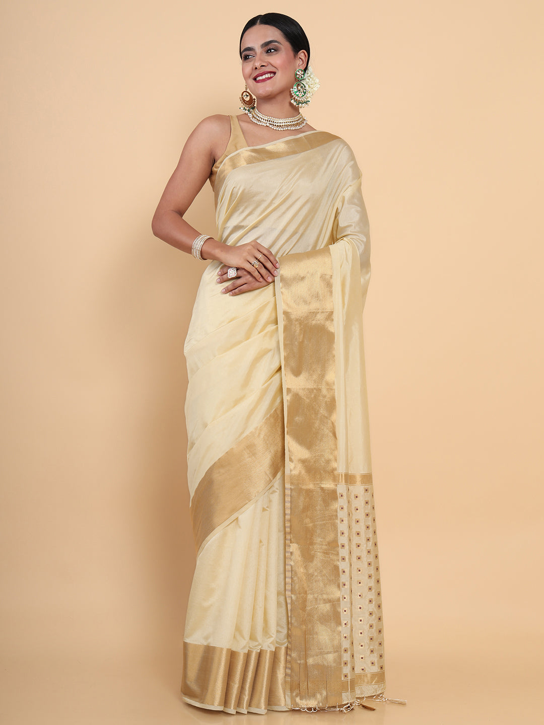 Mimosa Womens Art Silk Saree Kasavu Cream Color
