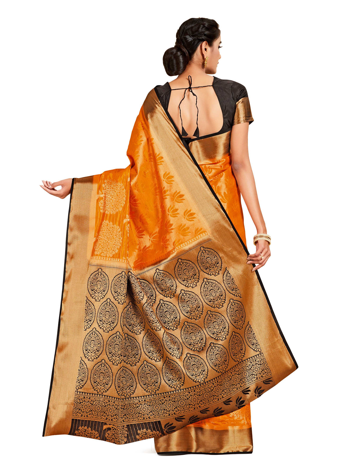Mimosa Womens Art Silk Saree Kanjivaram Orange Color