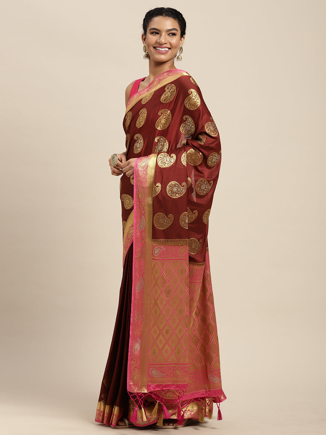 Mimosa Womens Crepe Saree Mysore Silk Maroon Color