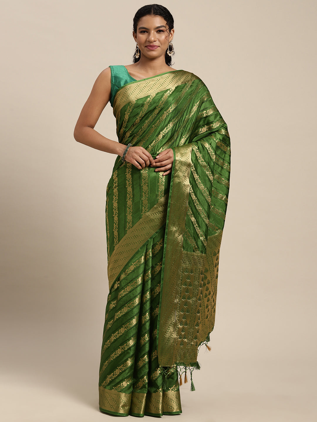 Mimosa Womens Art Silk Saree Kanjivaram Olive Color