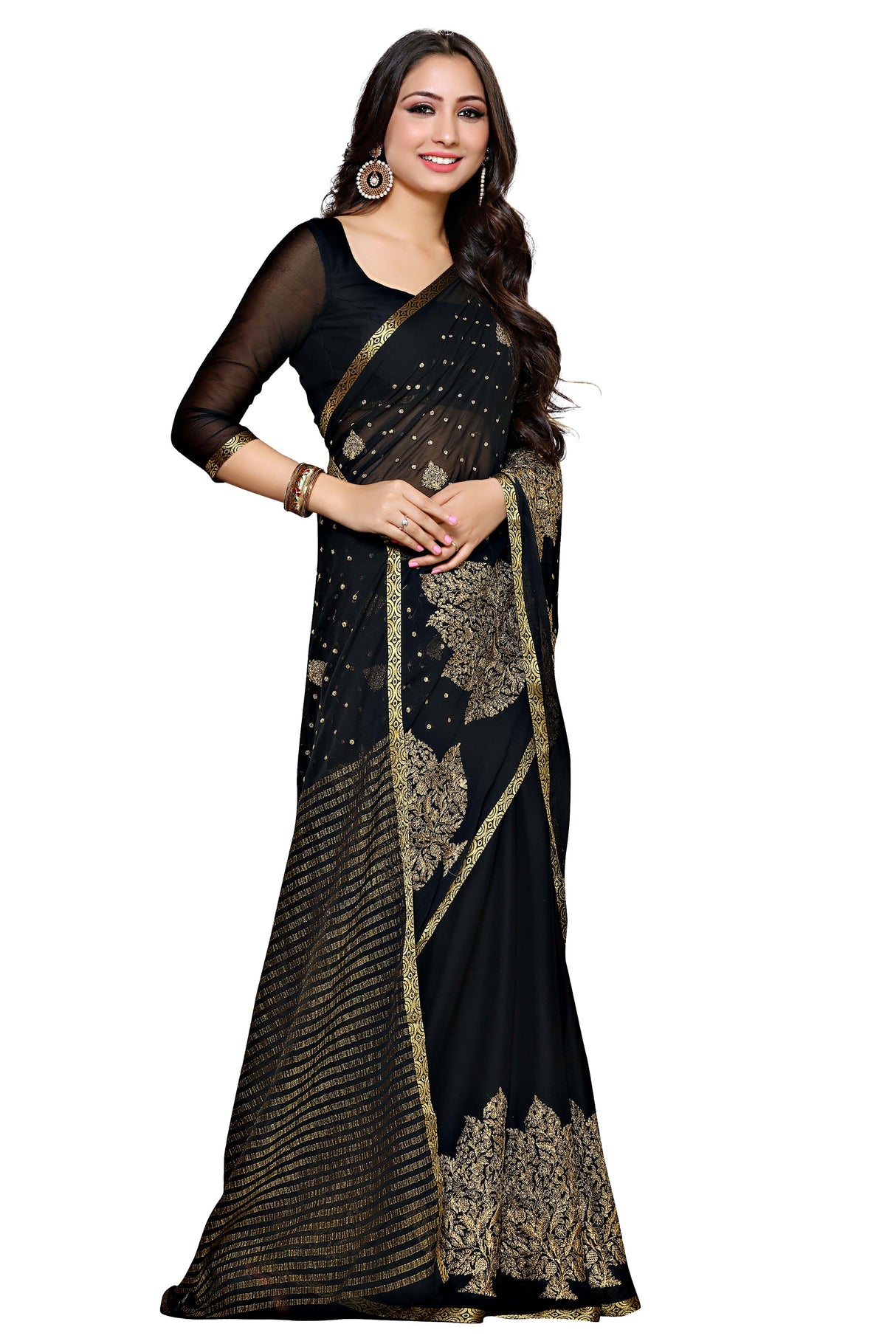 Mimosa Womens Chiffon Saree Banarasi Black Color