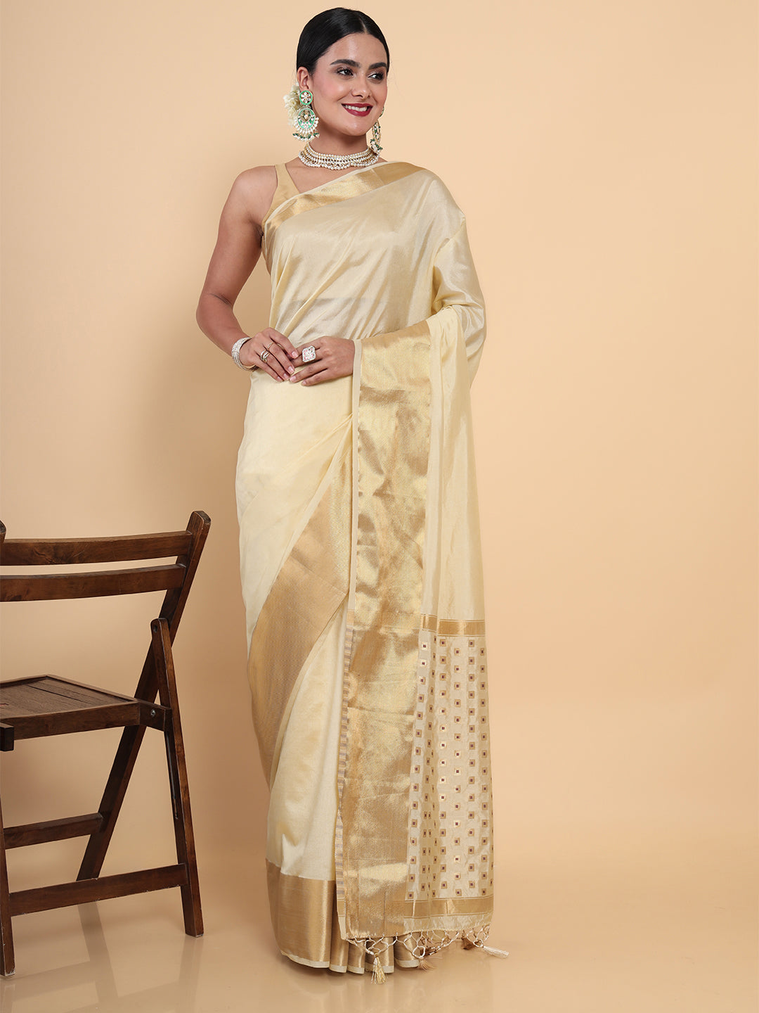 Mimosa Womens Art Silk Saree Kasavu Cream Color