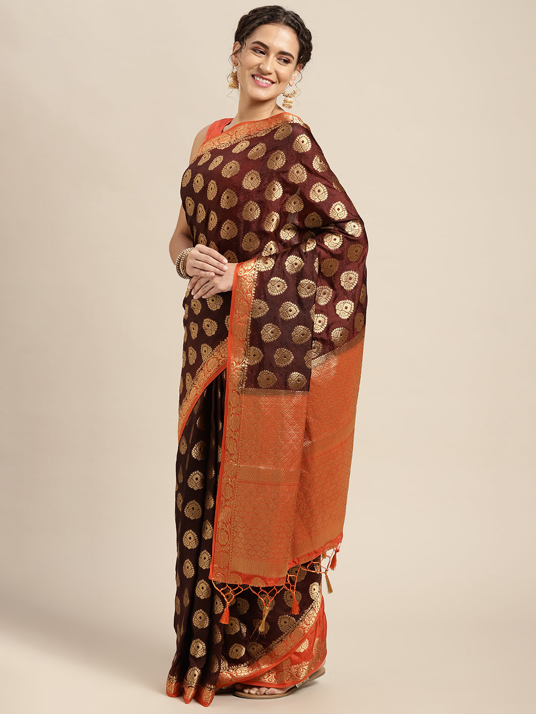 Mimosa Womens Art Silk Saree Kanjivaram Chocolate Color