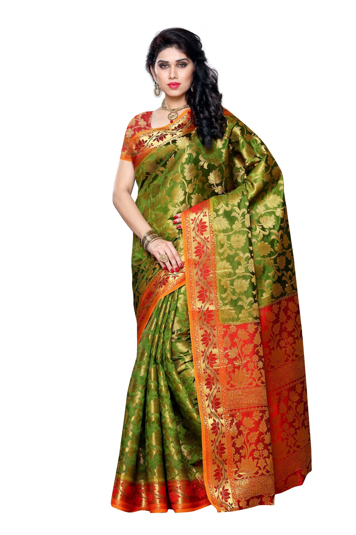 Mimosa Womens Art Silk Saree Kanjivaram Olive Color