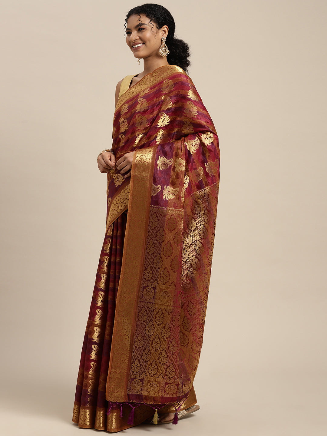 Mimosa Womens Art Silk Saree Kanjivaram Chocolate Color