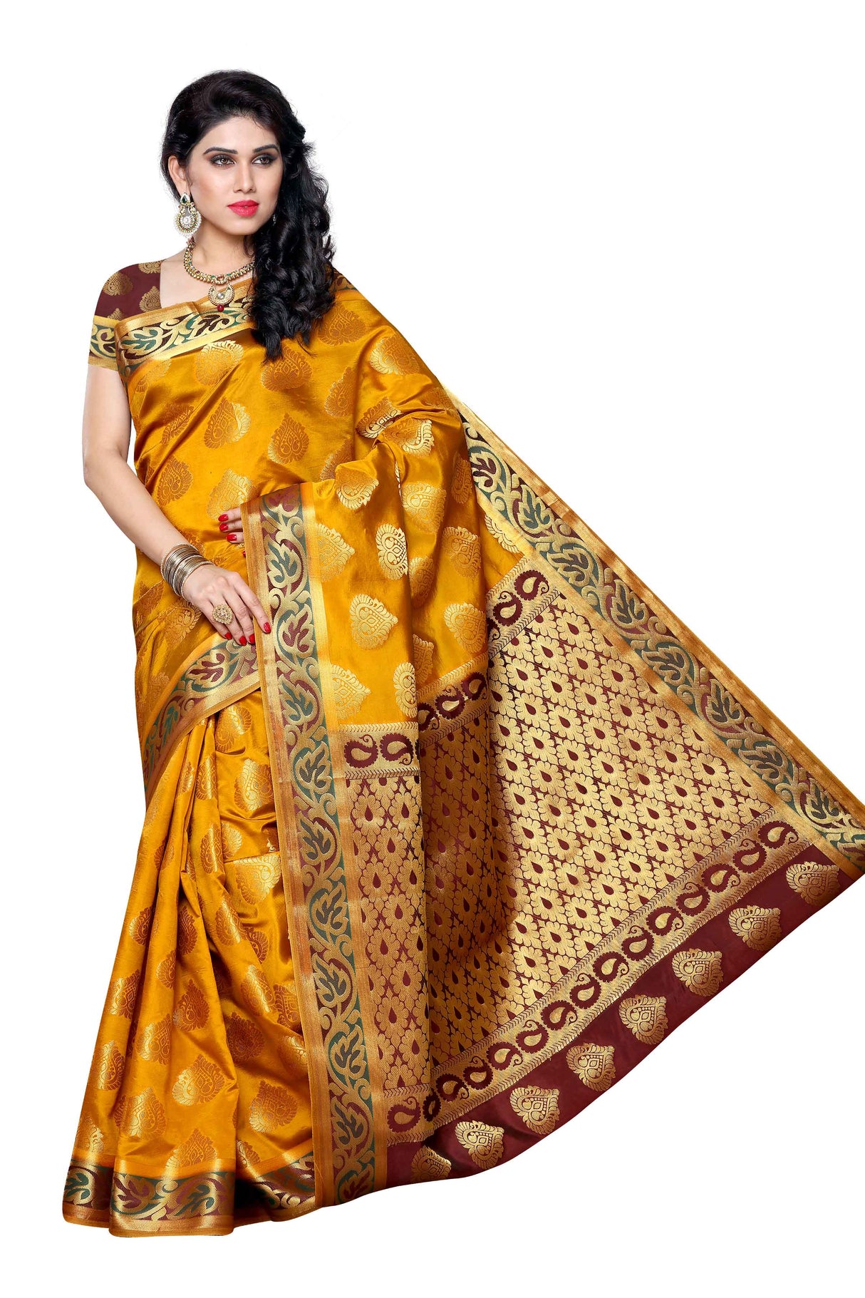 Mimosa Womens Art Silk Saree Kanjivaram Mustard Color