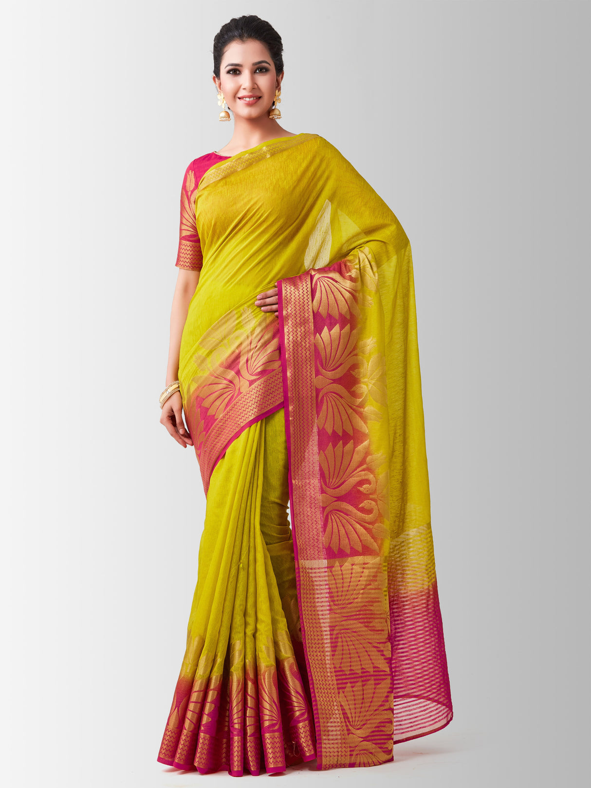 Mimosa Womens Linen Saree Kanjivaram style Olive Color