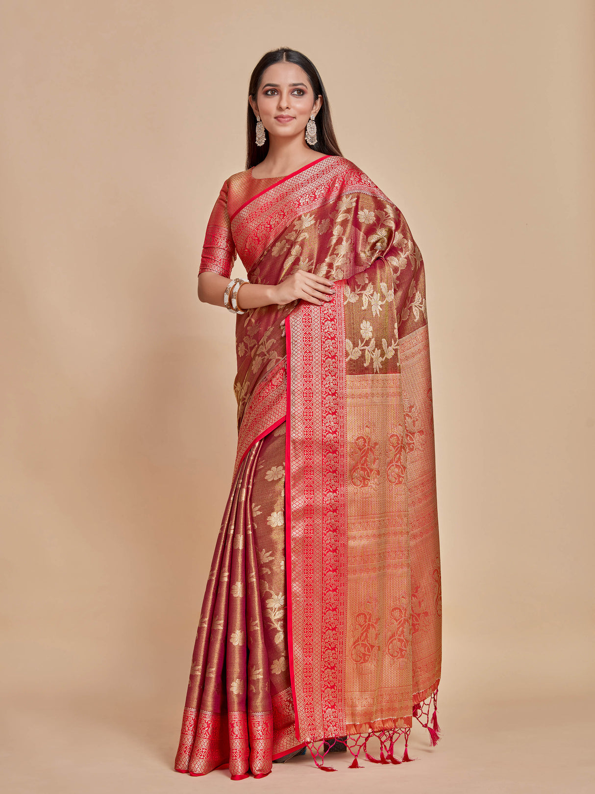 Mimosa Women's Woven Design Kanjivaram Style Art Silk Saree With Blouse Piece : SA0000374NVFREE