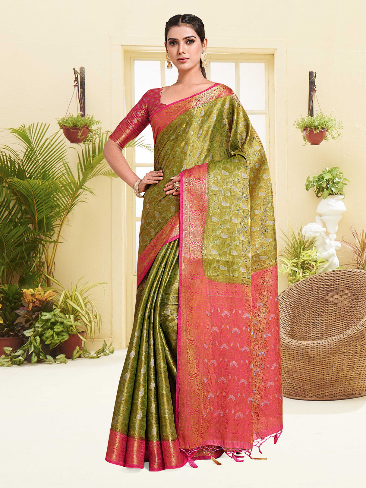 Mimosa Womens Art Silk Saree Kanjivaram Yellow Color