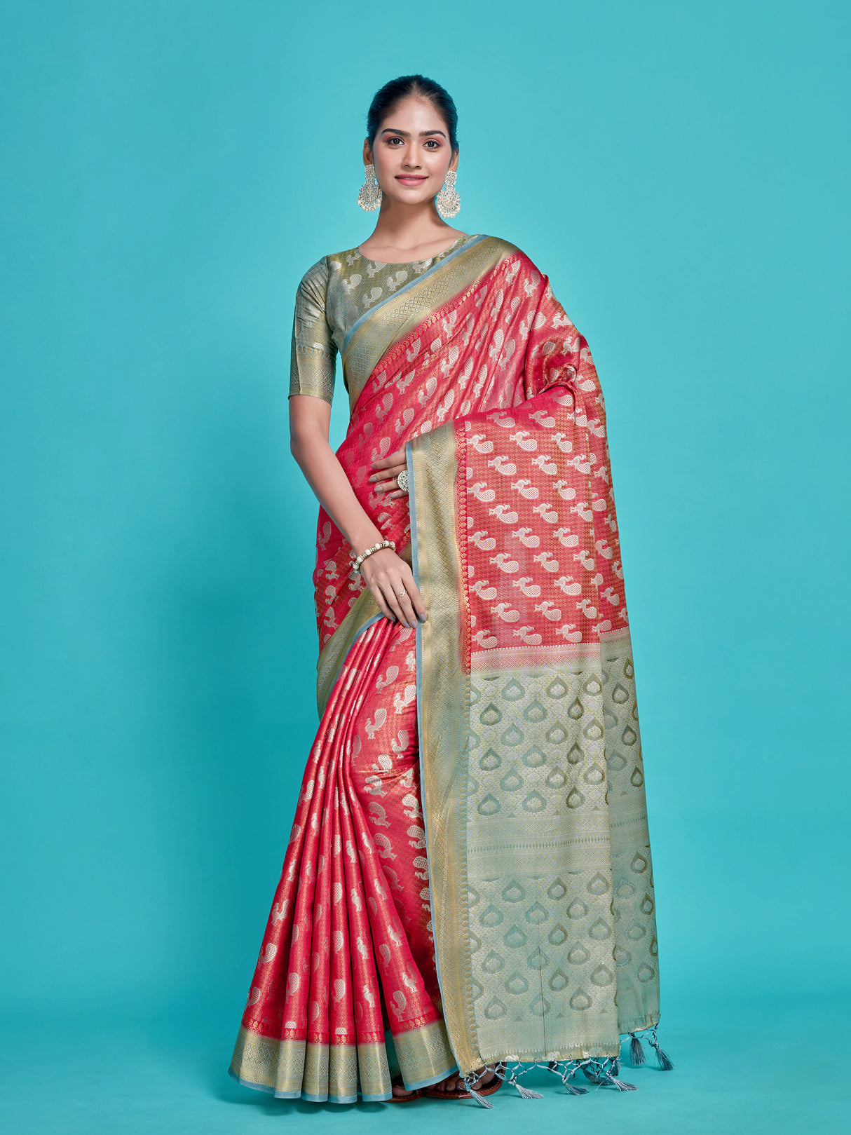 Mimosa Women's Woven Design Kanjivaram Style Art Silk Saree With Blouse Piece : SA0000379RNFREE
