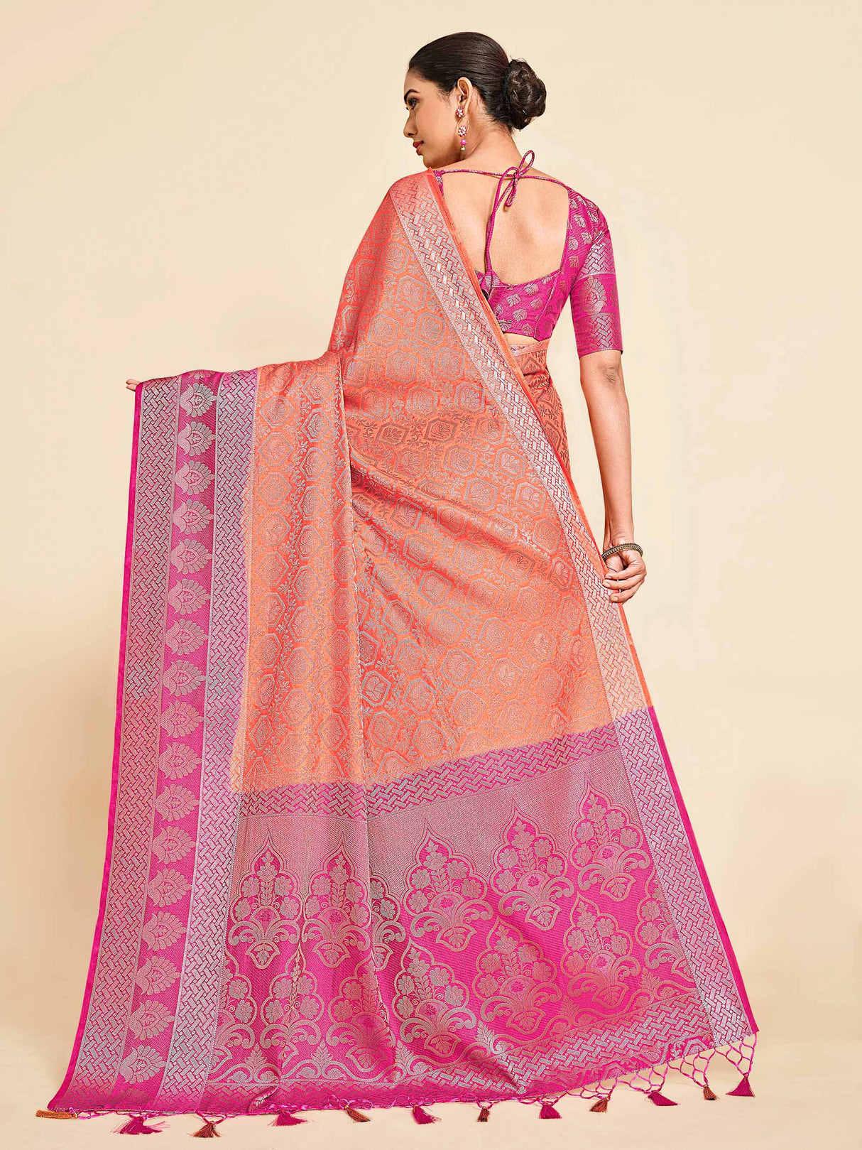 Mimosa Womens Art Silk Saree Kanjivaram style Peach Color