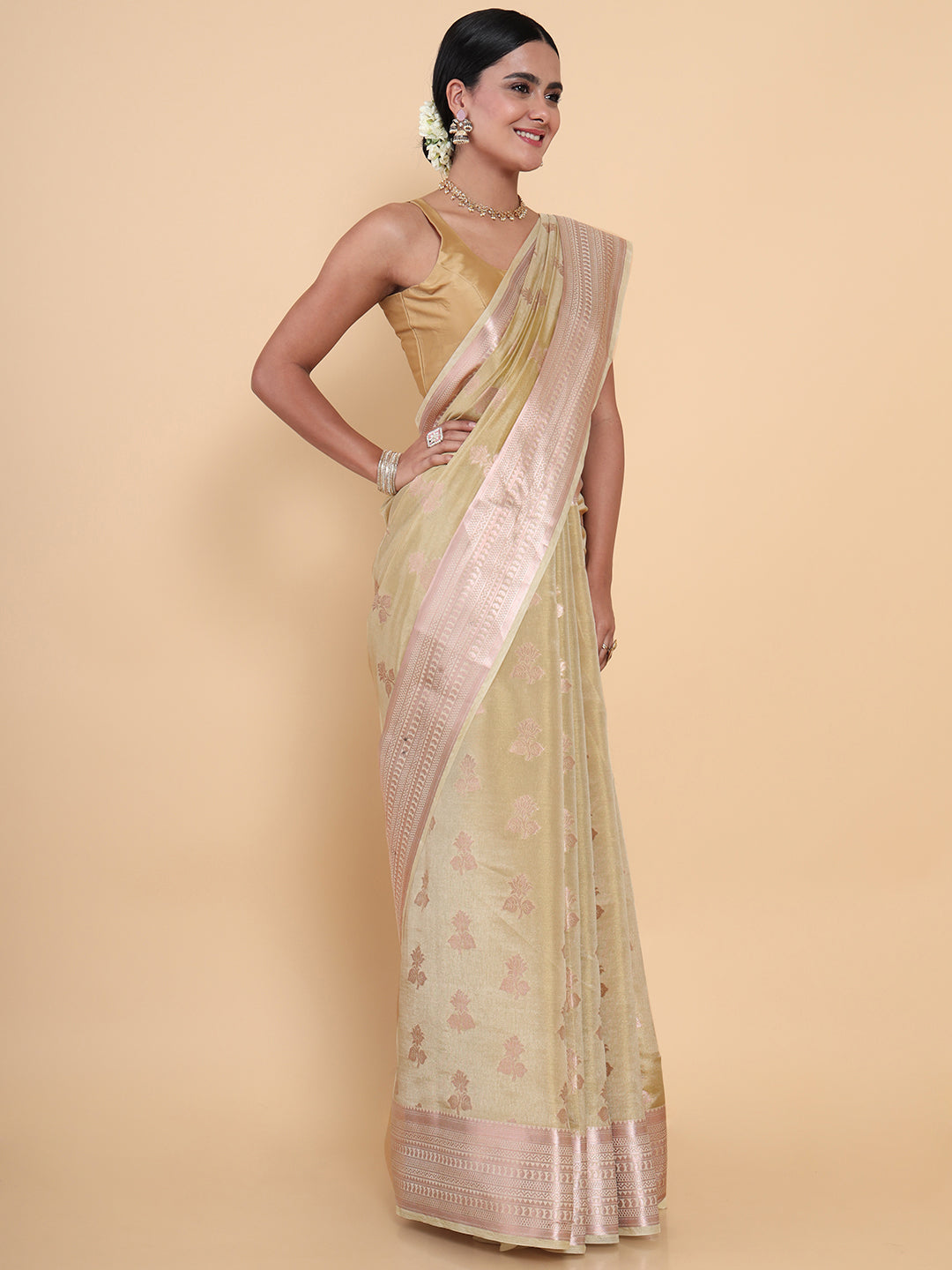 Mimosa Womens Art Silk Saree Kasavu Cream Color