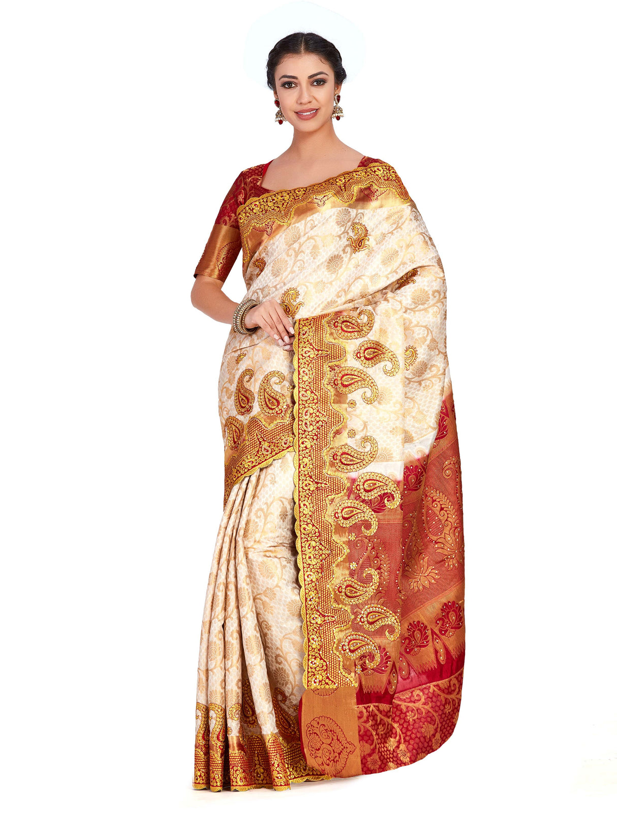 Mimosa Womens Art Silk Saree Kanjivaram Halfwhite Color