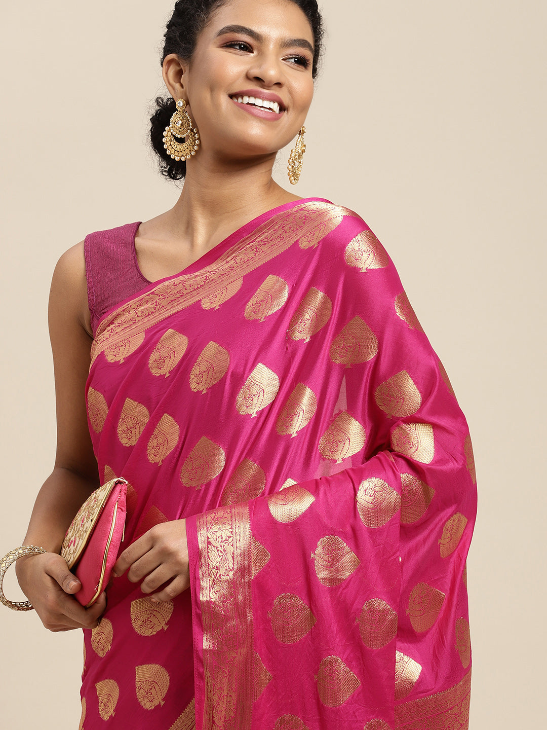 Mimosa Womens Crepe Saree Mysore Silk Rani Color