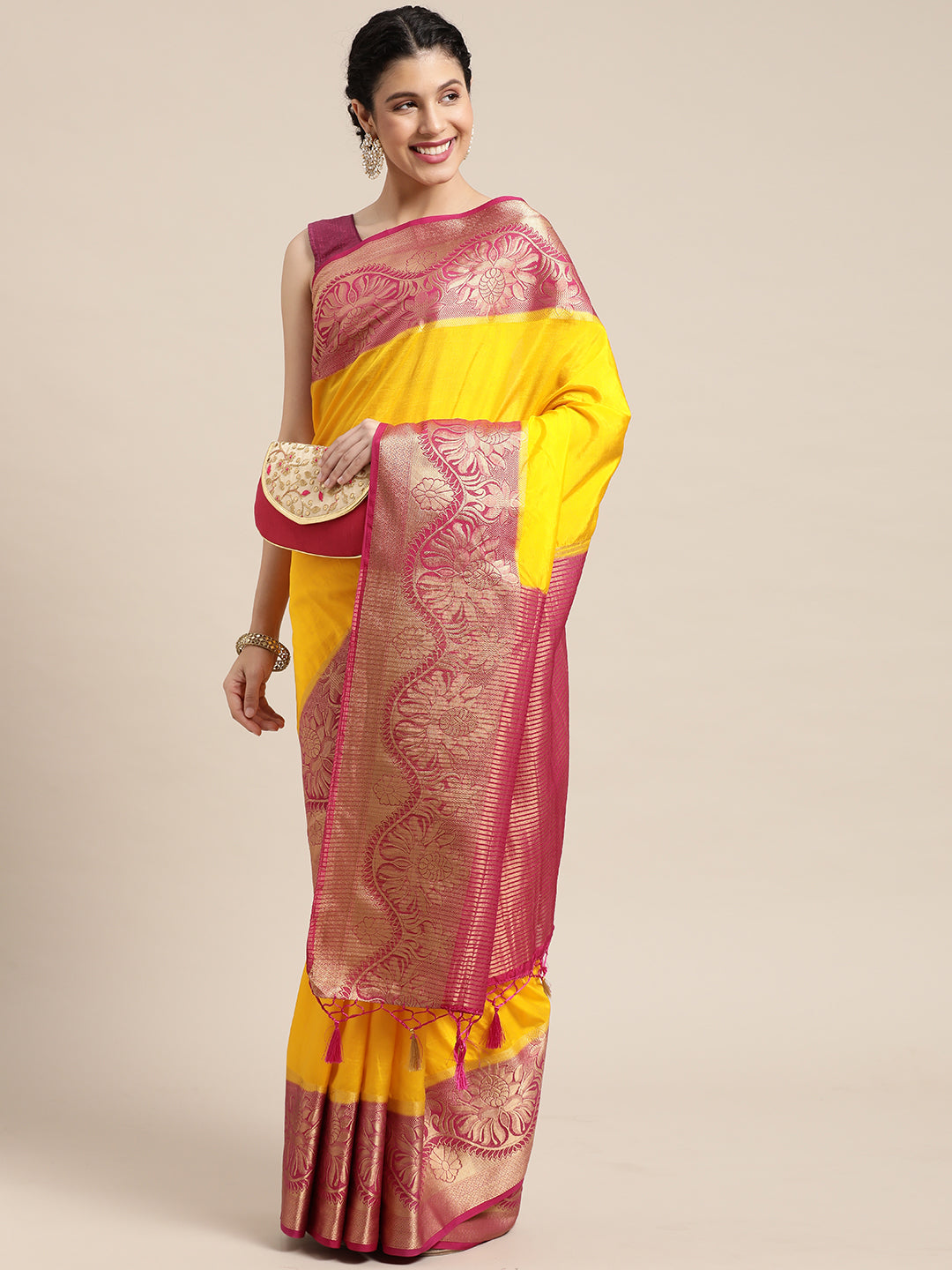 Mimosa Womens Art Silk Saree Kanjivaram Gold Color