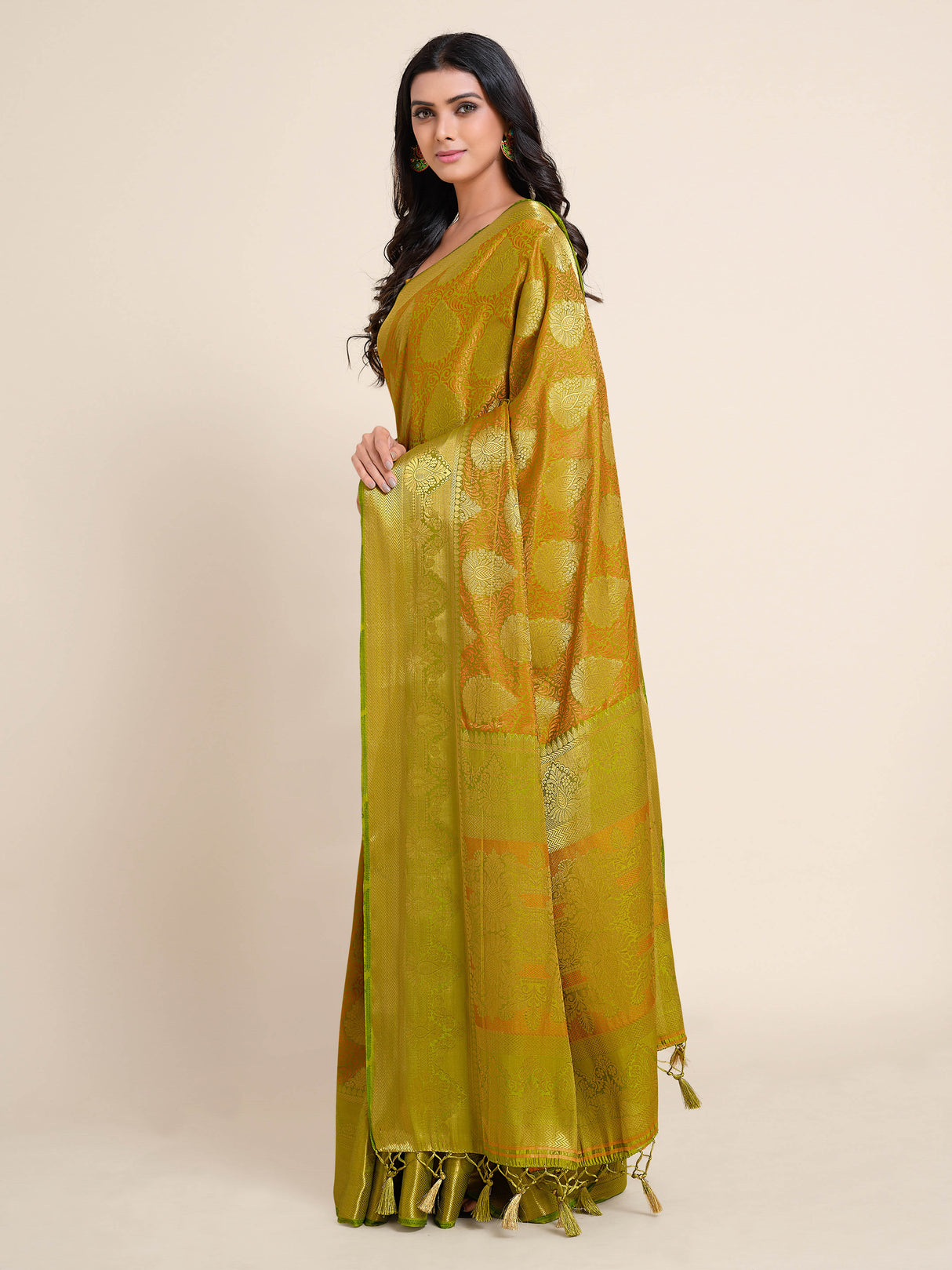 Mimosa Womens Art Silk Saree Kanjivaram Olive Color