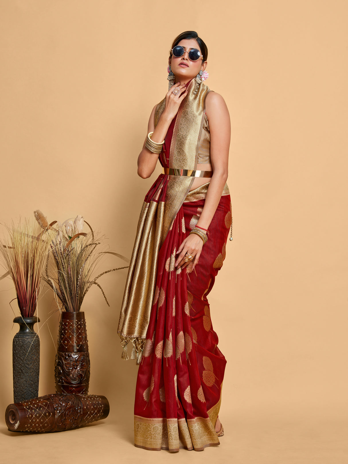 Mimosa Women's Woven Design Kanjivaram Linen Saree With Blouse Piece : SA00001234MRFREE