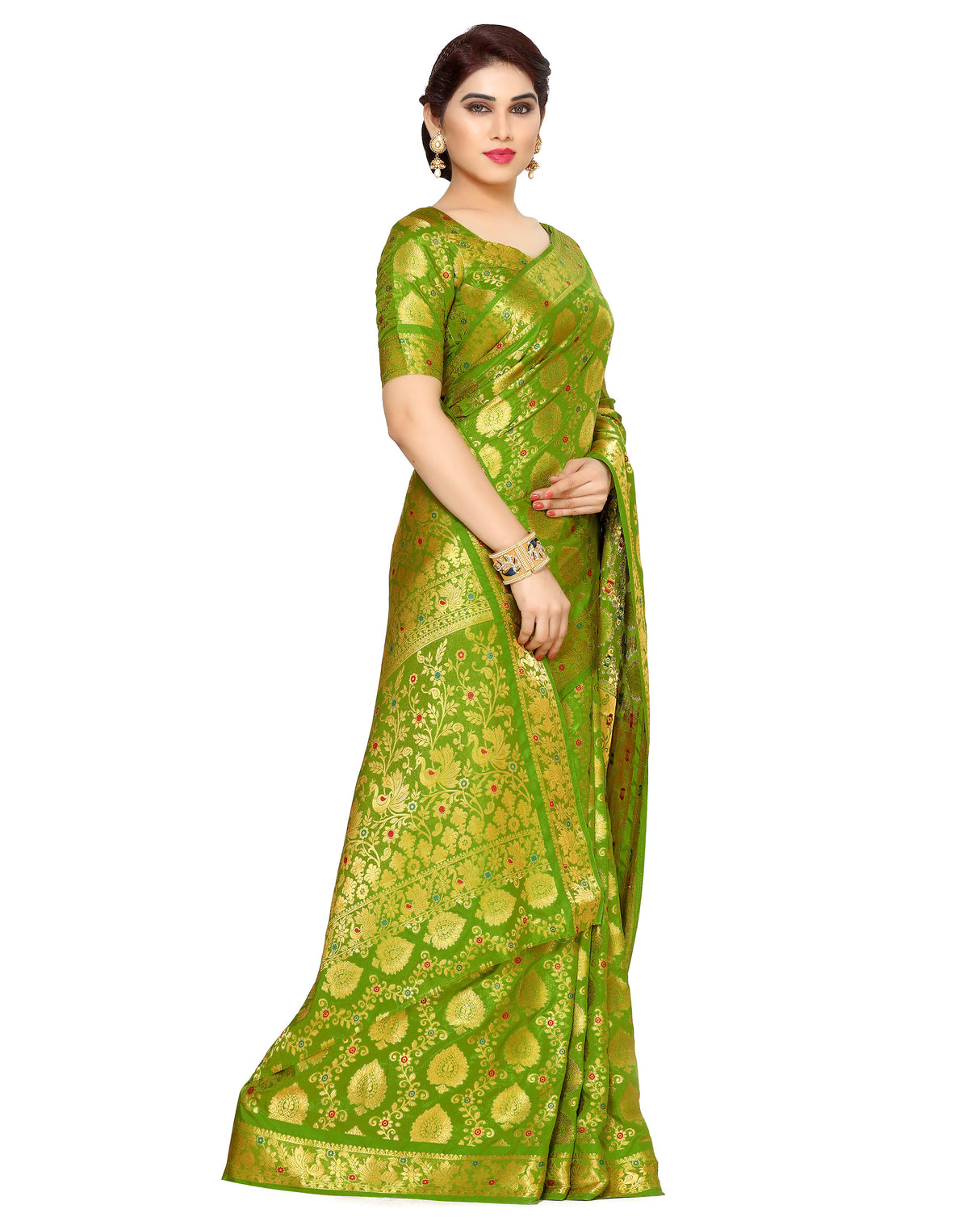 Mimosa Womens Art Silk Saree Kanjivaram Olive Color