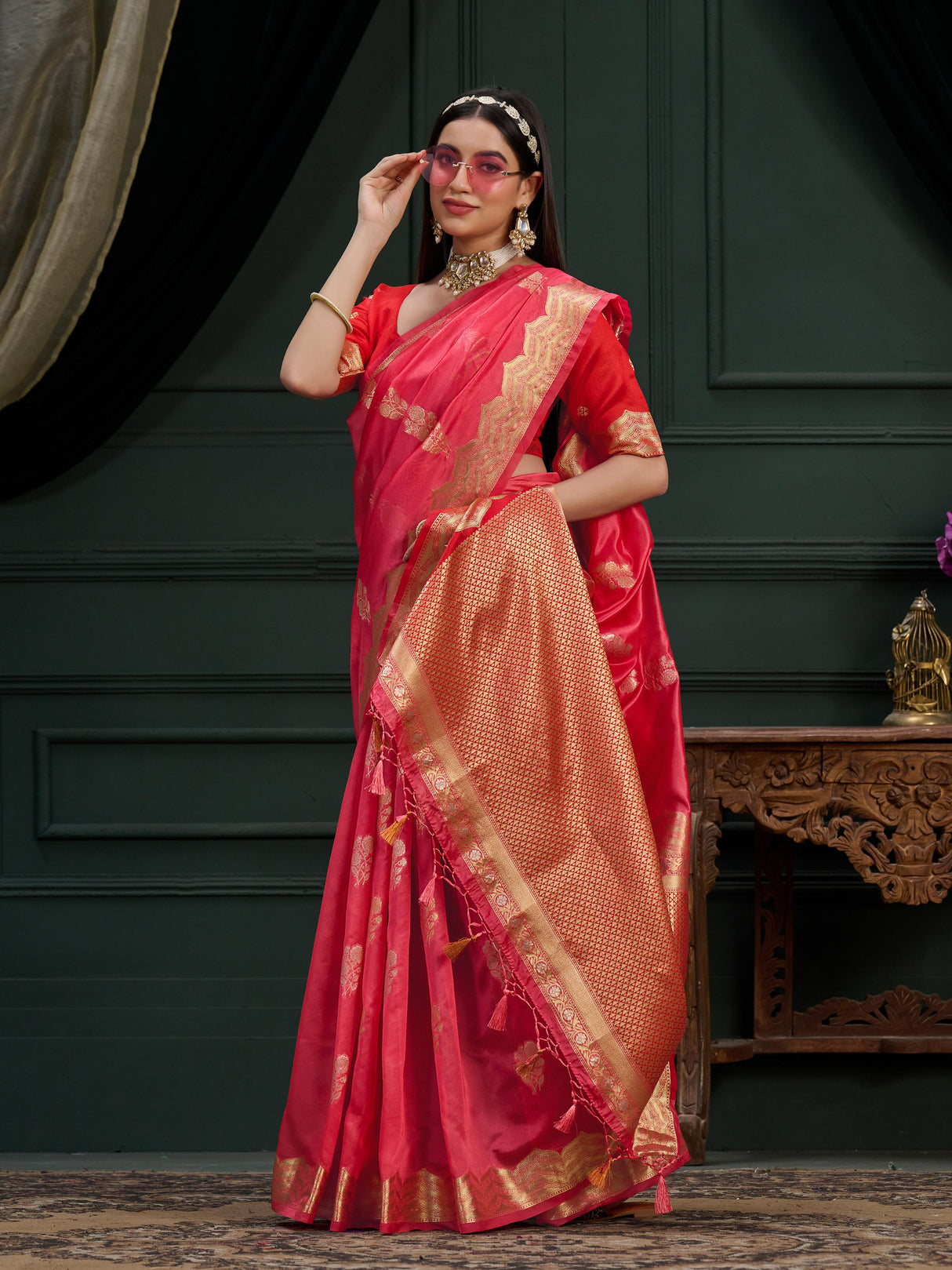 Mimosa Women's Woven Design Banarasi Orgenza Saree With Blouse Piece : SA0000864ST