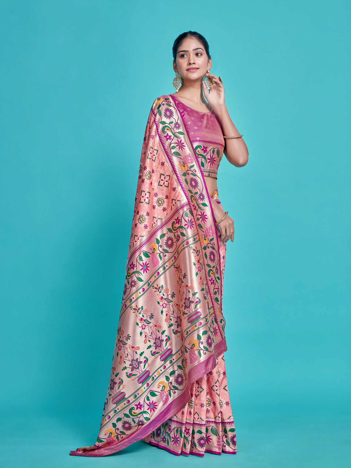 Mimosa Women's Woven Design Patola Style Art Silk Saree With Blouse Piece : SA00001379PNKFREE