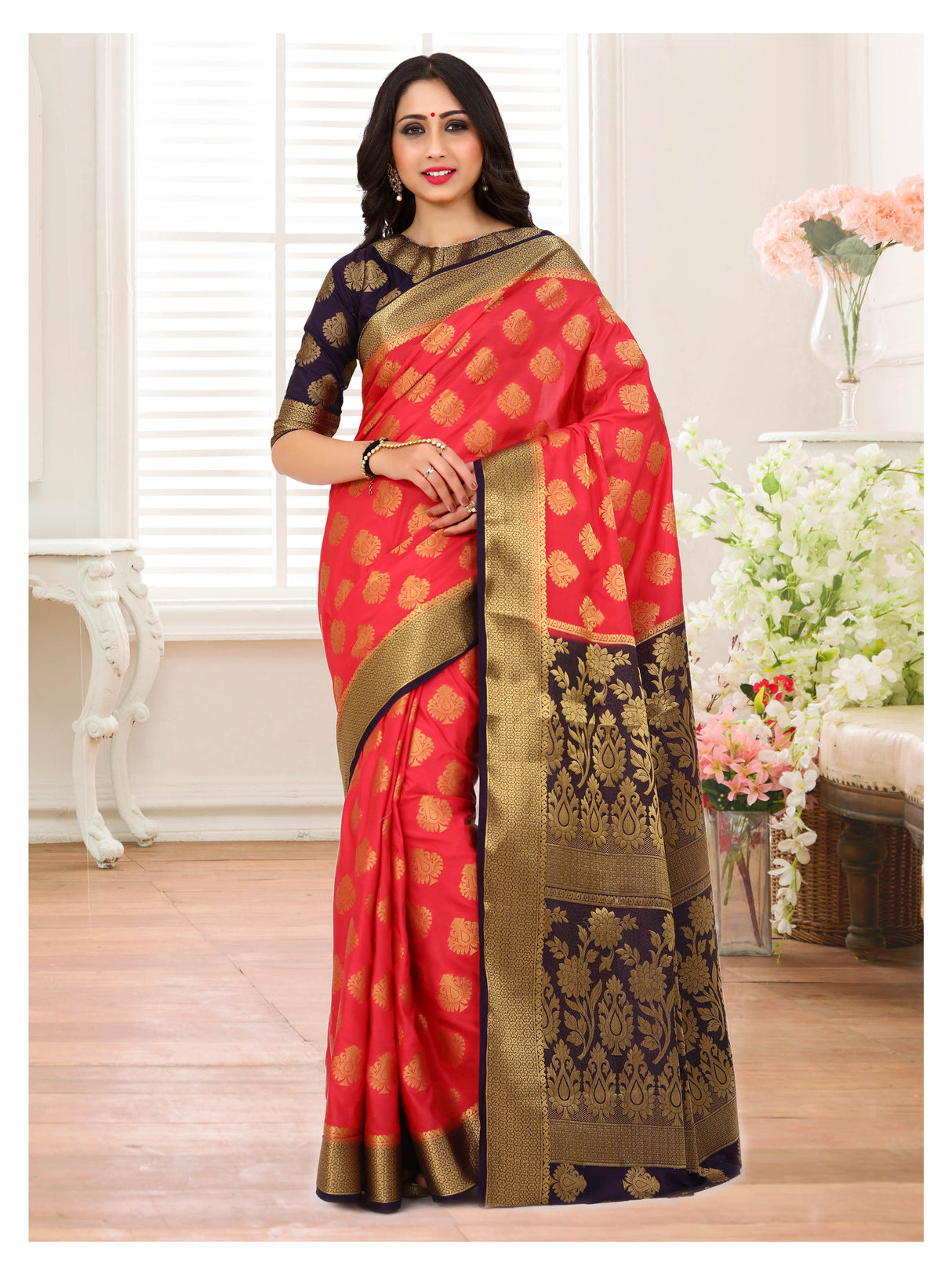 Mimosa Womens Art Silk Saree Kanjivaram Strawberry Color