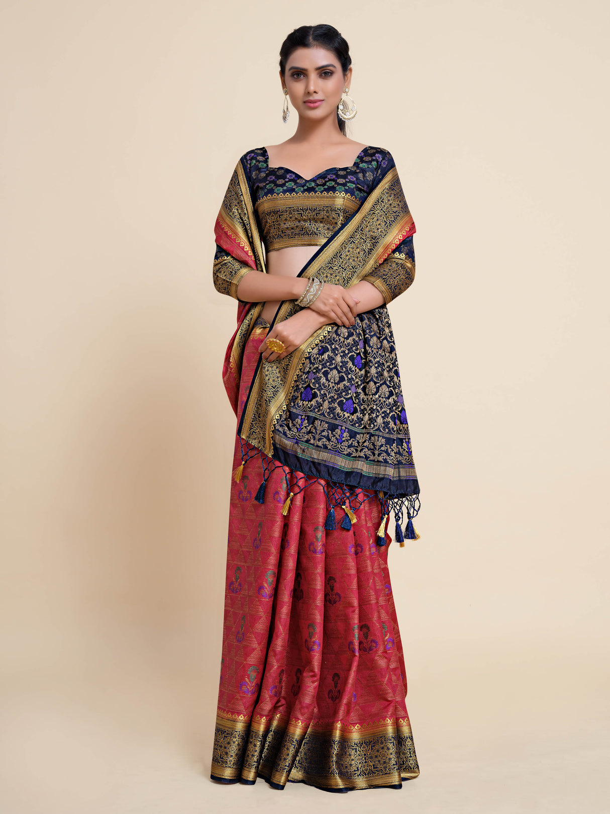 Mimosa Womens Art Silk Saree Kanjivaram style Strawberry Color