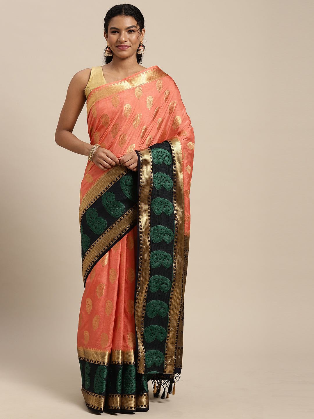 Mimosa Womens Art Silk Saree Kanjivaram Peach Color
