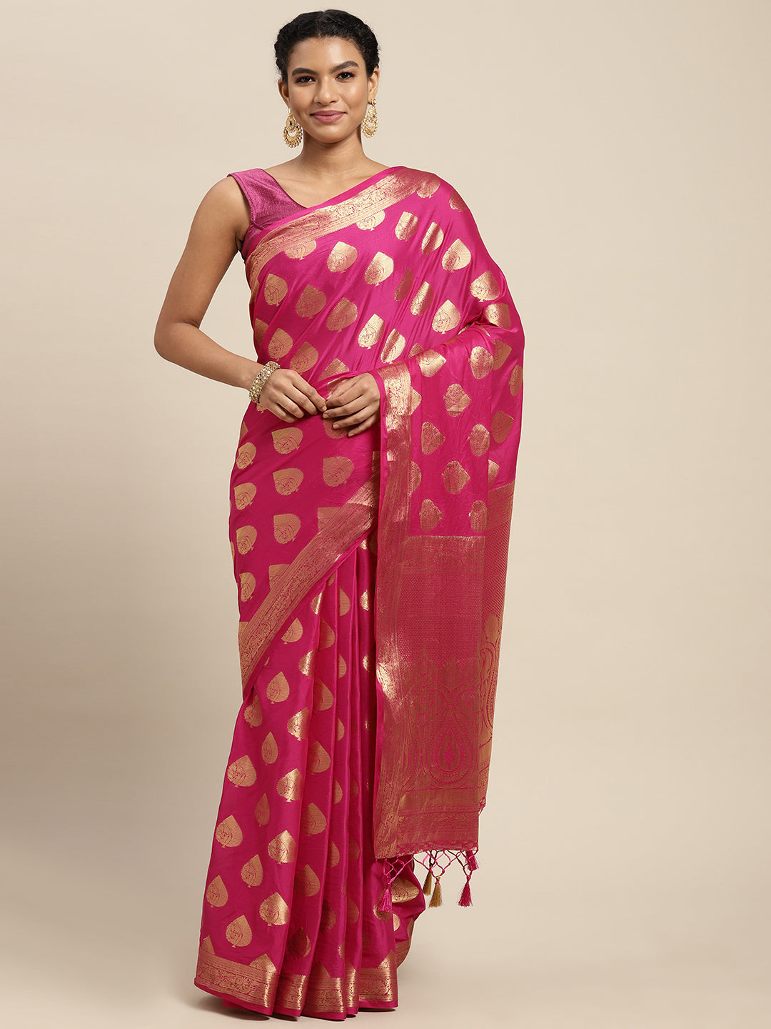 Mimosa Womens Crepe Saree Mysore Silk Rani Color
