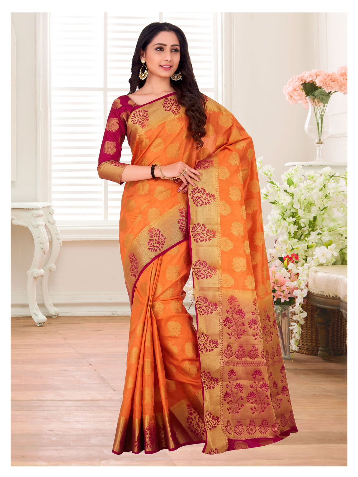 Mimosa Womens Art Silk Saree Kanjivaram Peach Color