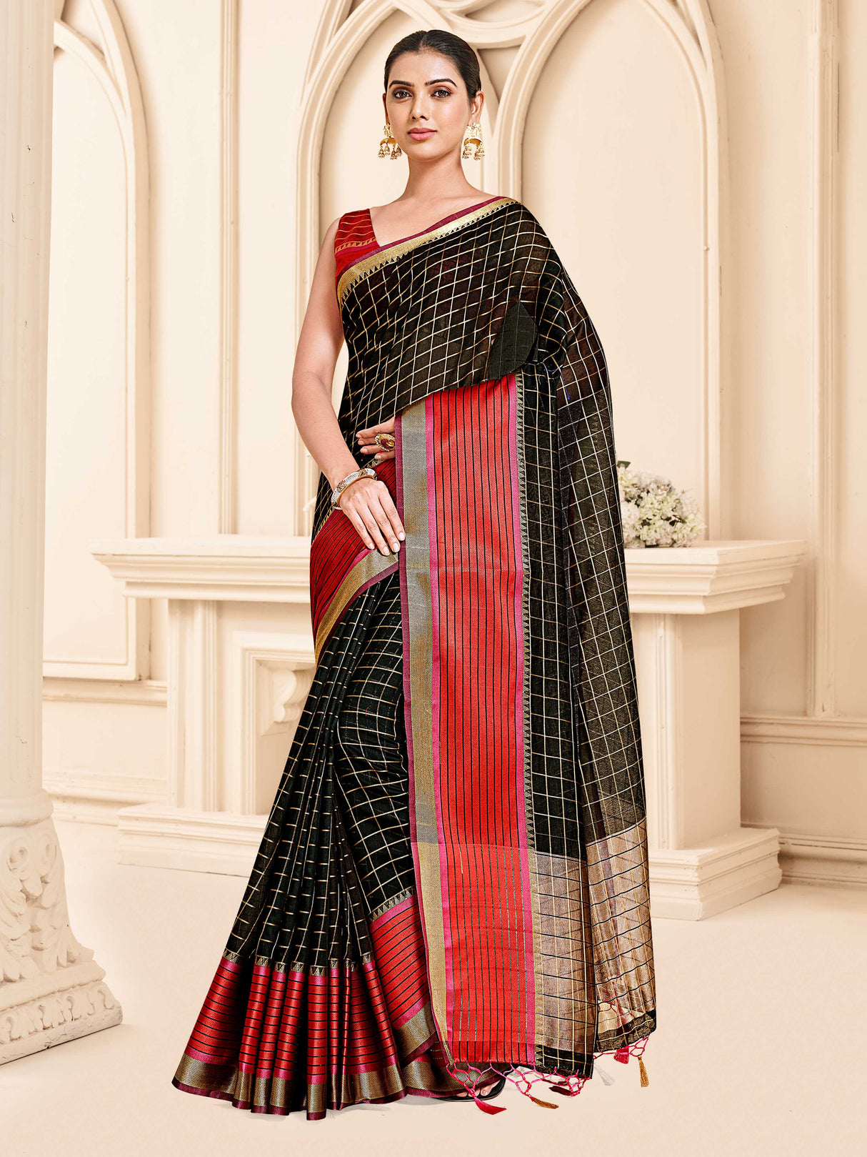 Mimosa Womens Art Silk Saree Banarasi style Black Color