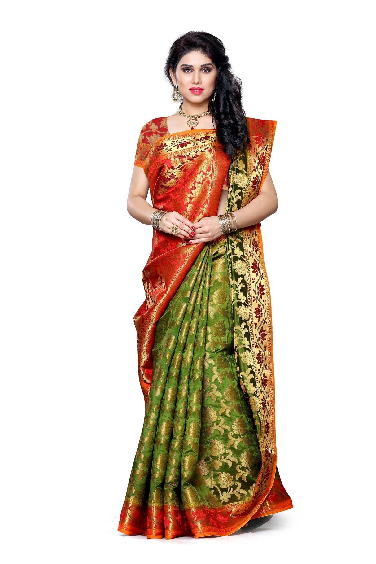 Mimosa Womens Art Silk Saree Kanjivaram Olive Color